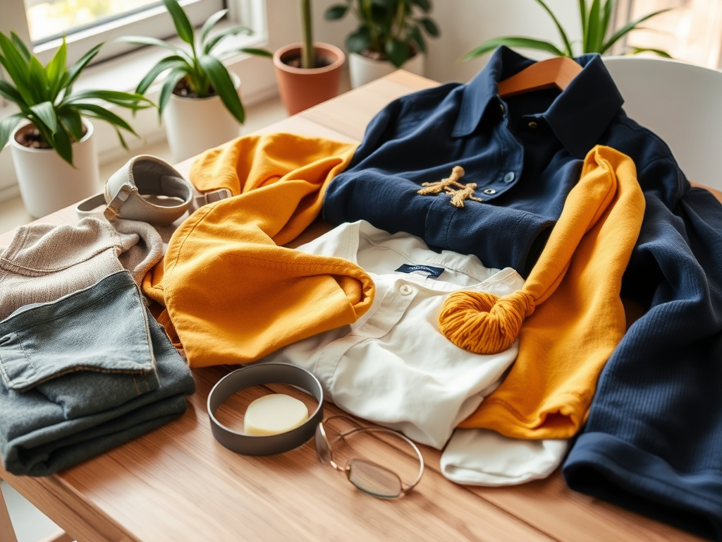 Een tafel met gekleurde kleding, accessoires en een paar planten op de achtergrond, in een lichte kamer.