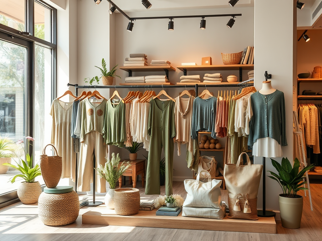 Een modieuze kledingwinkel met een verscheidenheid aan kleding en accessoires in aardse kleuren.