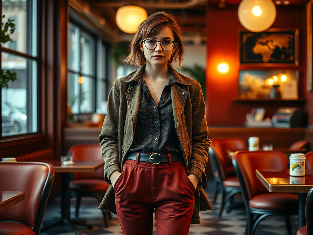 Een vrouw met een short en een jasje staat in een café met een warme, gezellige sfeer.