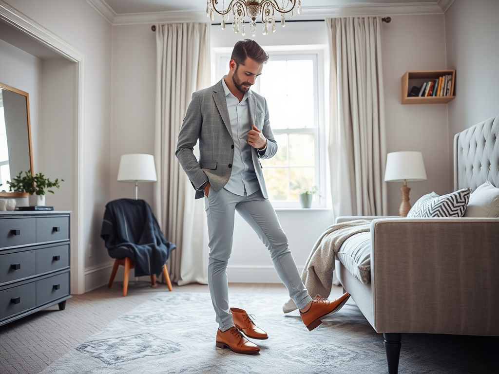 Een man in een lichtgrijze blazer staat in een woonkamer en kijkt naar zijn bruine schoenen.