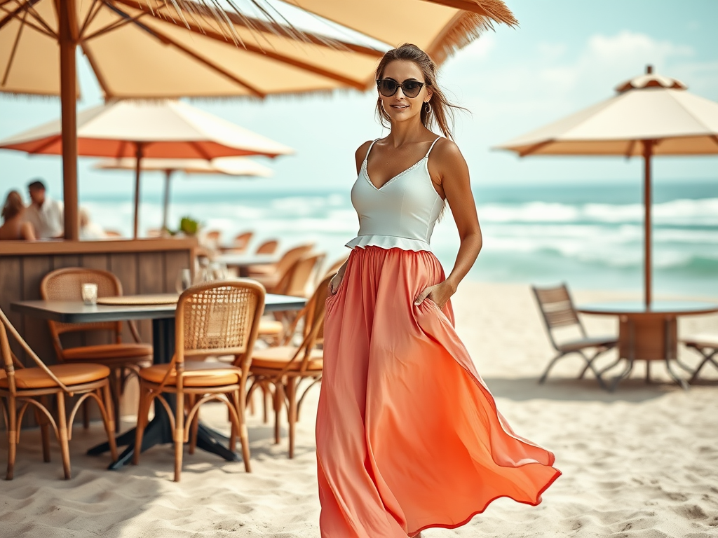 Een vrouw in een elegante jurk wandelt over het strand, omringd door parasols en ligstoelen.