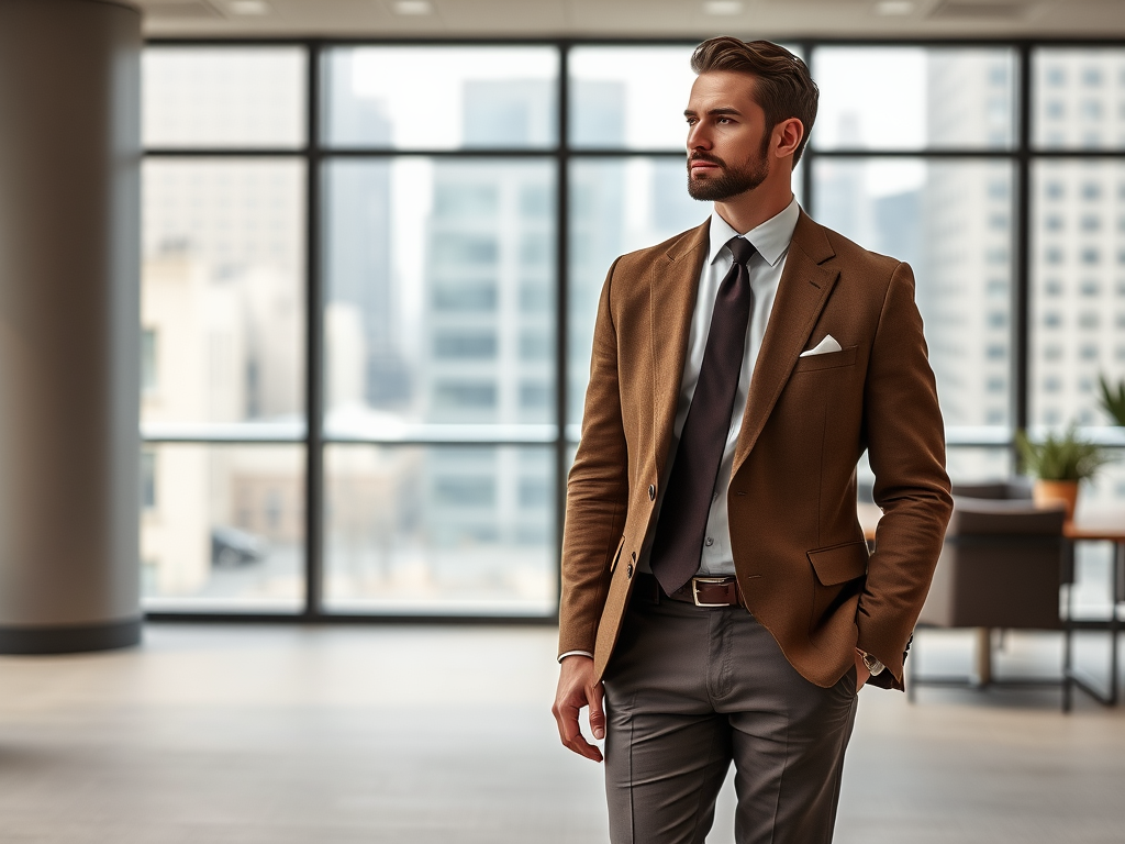 Een man in een bruine blazer en een stropdas staat in een moderne kantoorruimte met grote ramen.