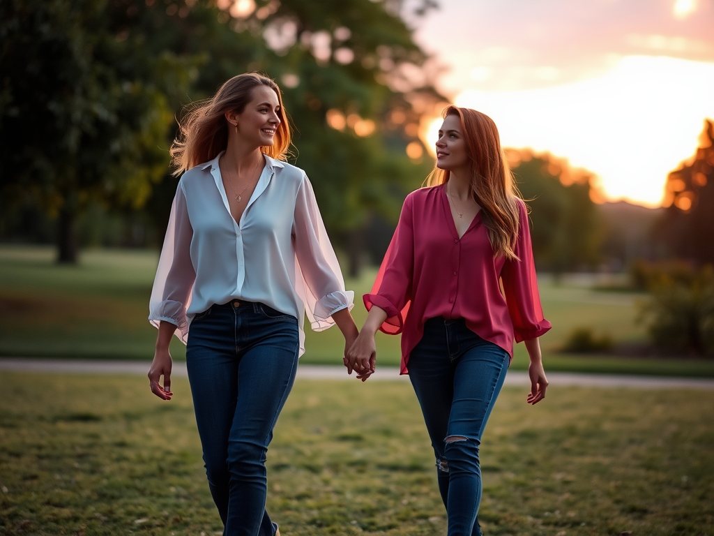 Twee vrouwen wandelen hand in hand door een park tijdens de zonsondergang, met een groene achtergrond.