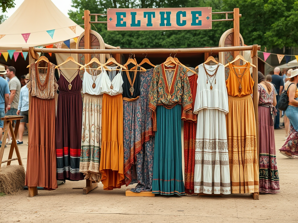 Een kledingstand met kleurrijke jurken hangt aan een houten rek op een markt. Op de achtergrond zijn mensen te zien.