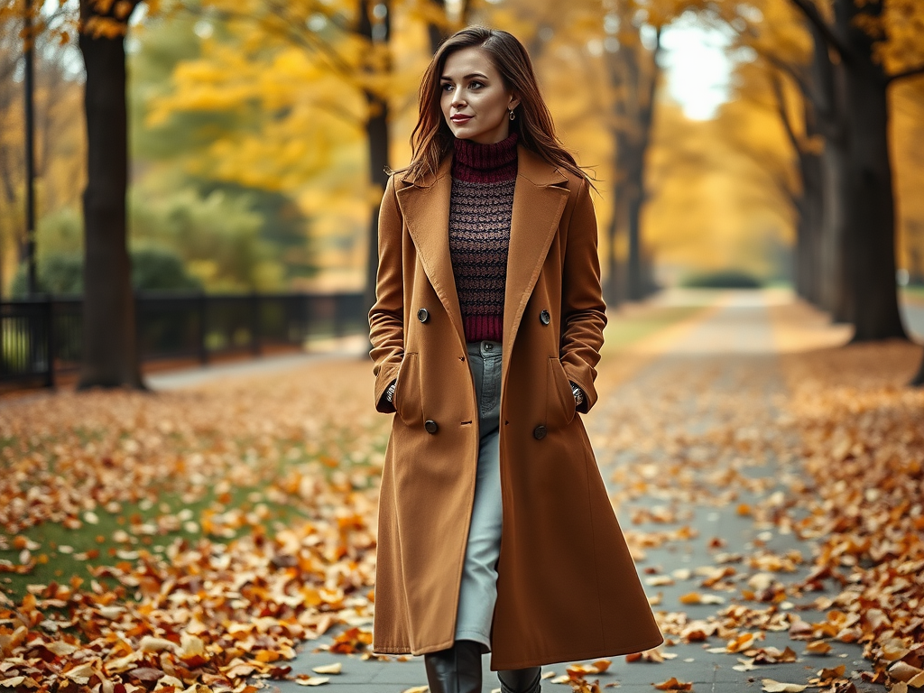 Vrouw in een bruine jas loopt door een herfstlandschap vol met bladeren in een park.