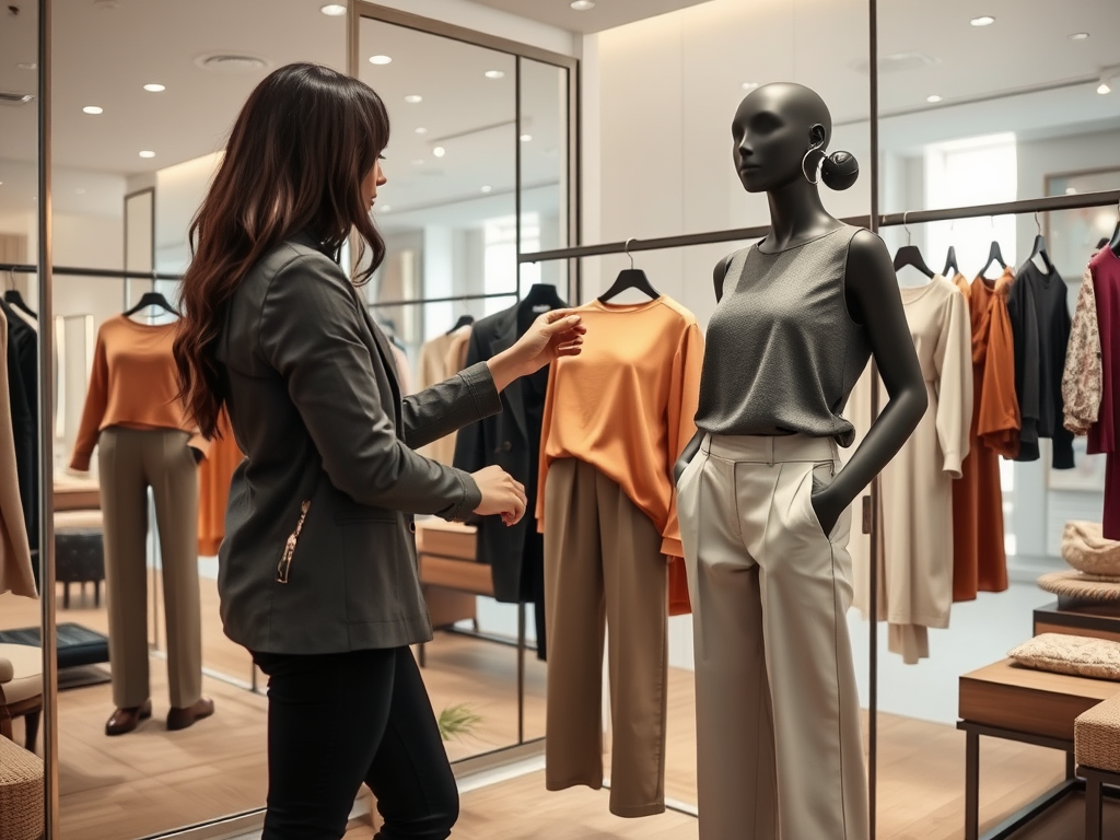 Een vrouw kiest kleding in een winkel, terwijl een mannequin een outfit presenteert in een moderne setting.