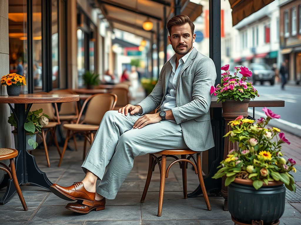 Een man in een grijs pak zit op een stoel in een café, omringd door bloemen en een levendige straat.