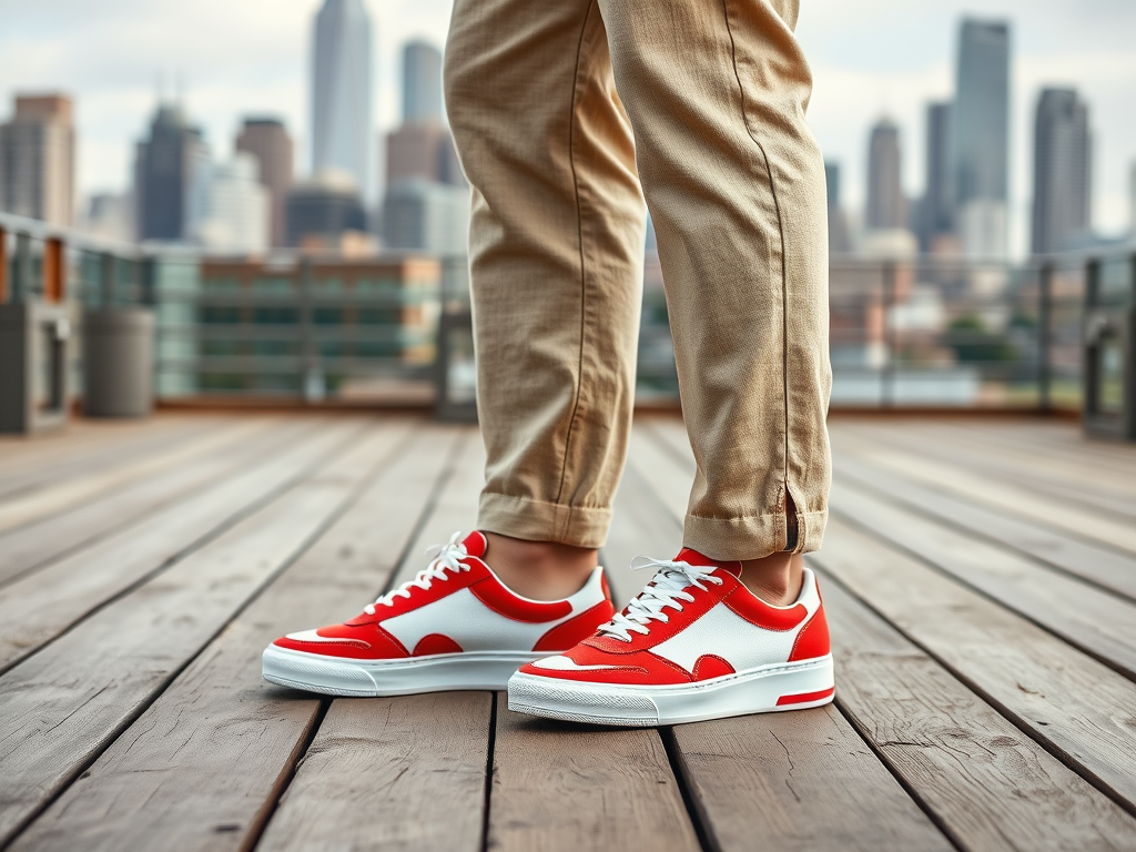 Een close-up van trendy, rode en witte sneakers op een houten dek, met een stad op de achtergrond.