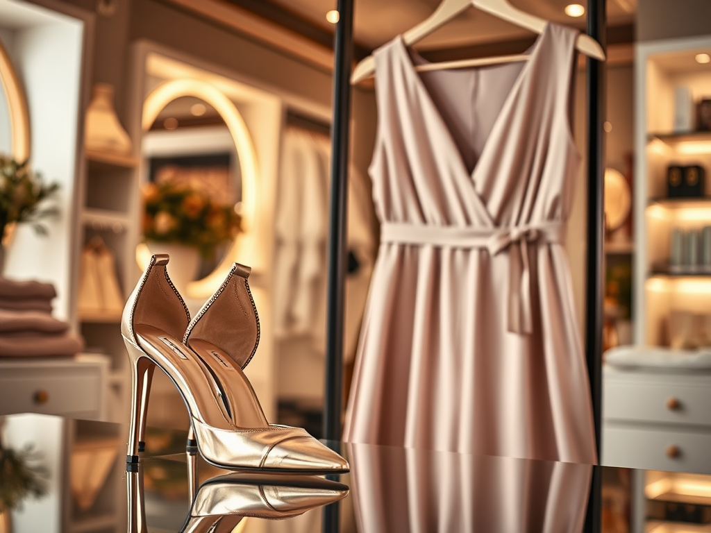 Gouden hakken staan voor een jurk in een elegante kledingkast met een moderne uitstraling.