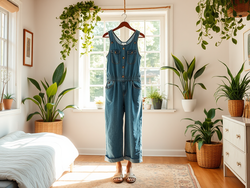 Een blauwe spijkeroverall hangt aan een hanger in een lichte kamer met veel planten en natuurlijk licht.