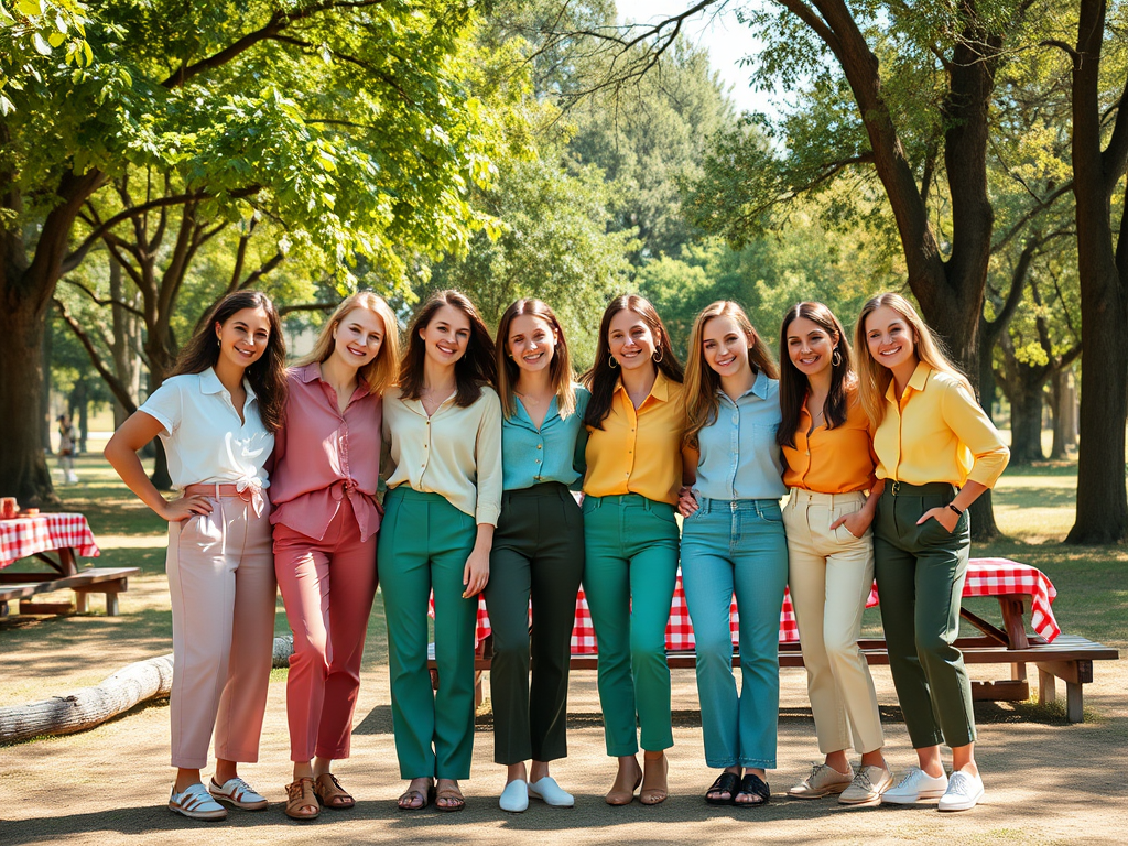 Negen jonge vrouwen in kleurrijke outfits poseren samen in een park met groen en picknicktafels op de achtergrond.