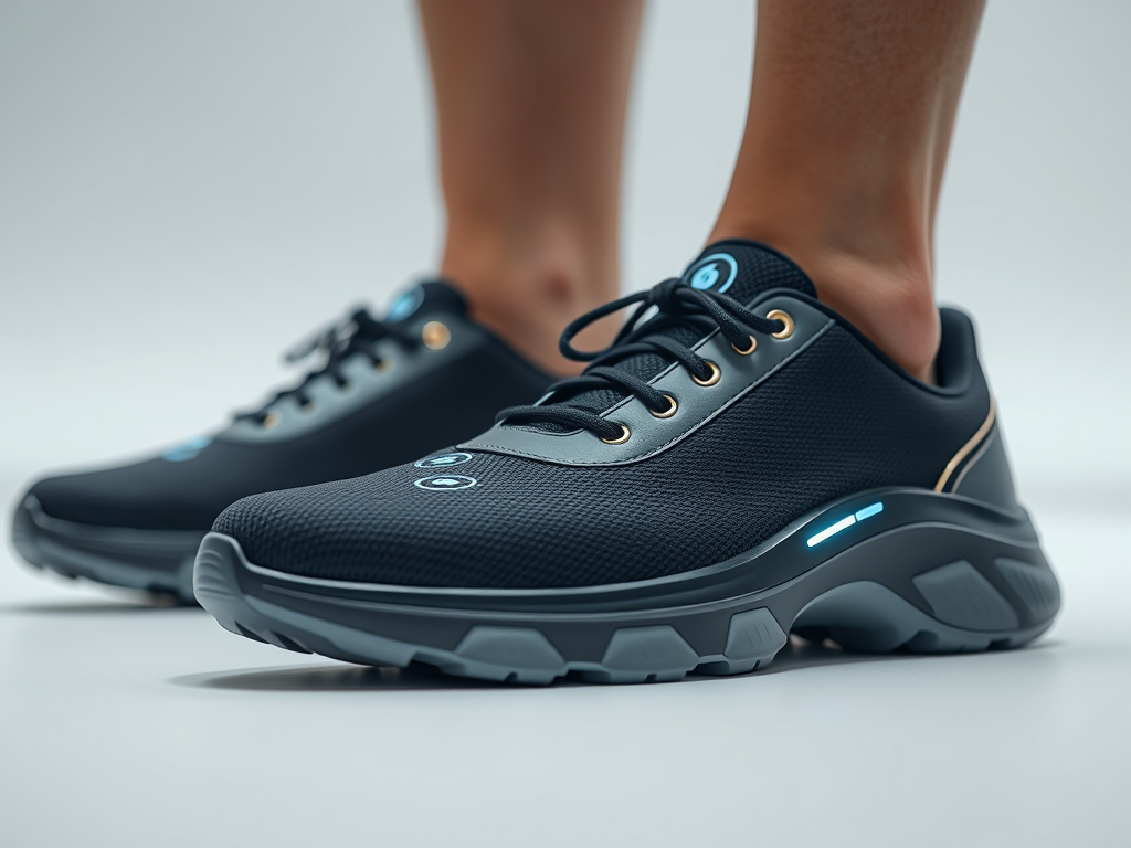 Moderne zwarte sneakers met opvallende details en verlichting, perfect voor stijl en comfort.