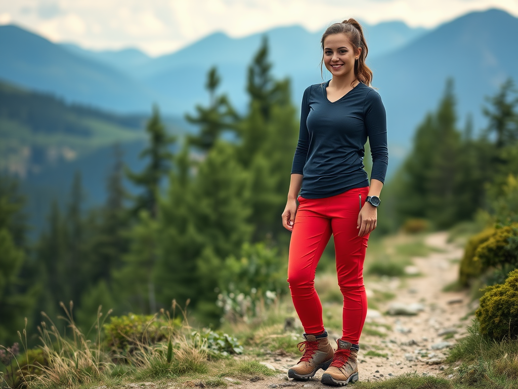 Een jonge vrouw staat op een bergpad, omringd door bergen en bomen, gekleed in een blauw shirt en rode broek.