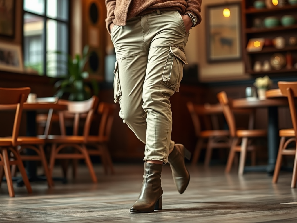 Een person loopt in een gezellig café, gekleed in cargo-broeken en hoge laarzen, met houtachtige meubels op de achtergrond.