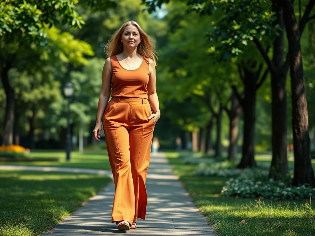 Een vrouw in een oranje outfit wandelt langs een pad in een groene parkomgeving.