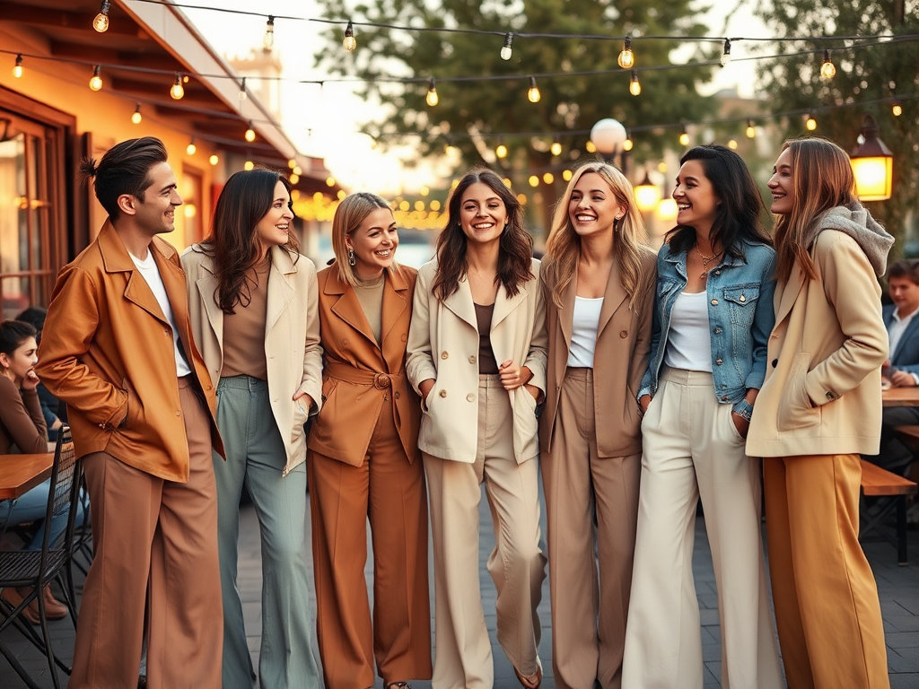 Groep jongeren in stijlvolle outfits, lachend en genietend van een ontspannen moment buiten met lichtjes.