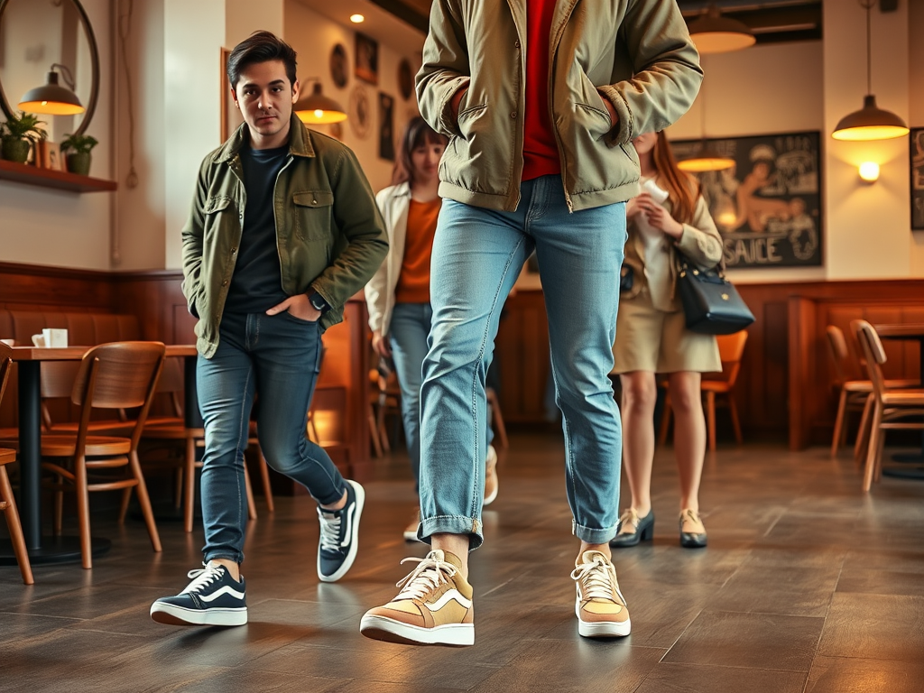 Vijf mensen lopen in een café, gekleed in casual mode en sneakers, met houten meubels op de achtergrond.