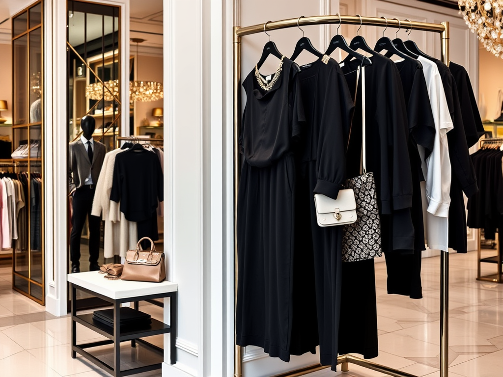 Een kledingrek in een winkel met zwarte kleding en handtassen, achtergrond met luxe decor.