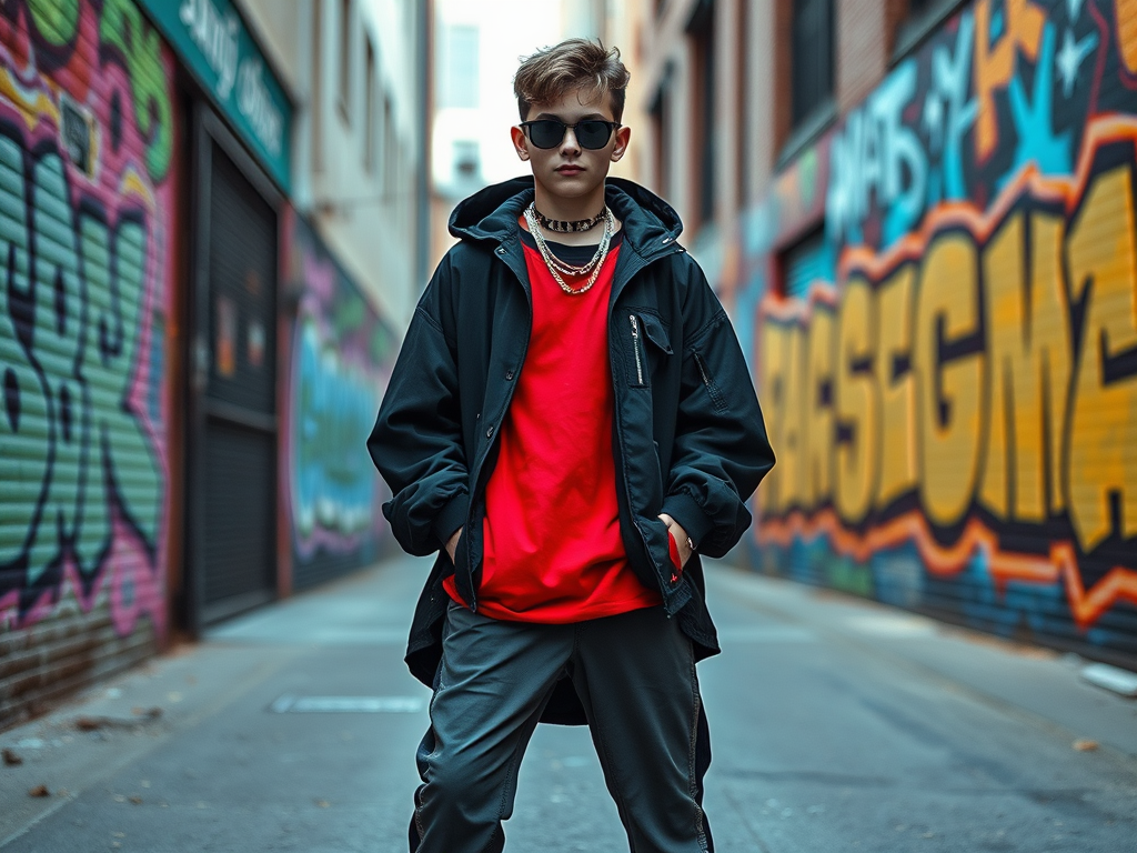 Een jonge man in een straat met kleurrijke graffiti, gekleed in een rode trui en donkere kleding, met zonnebril.